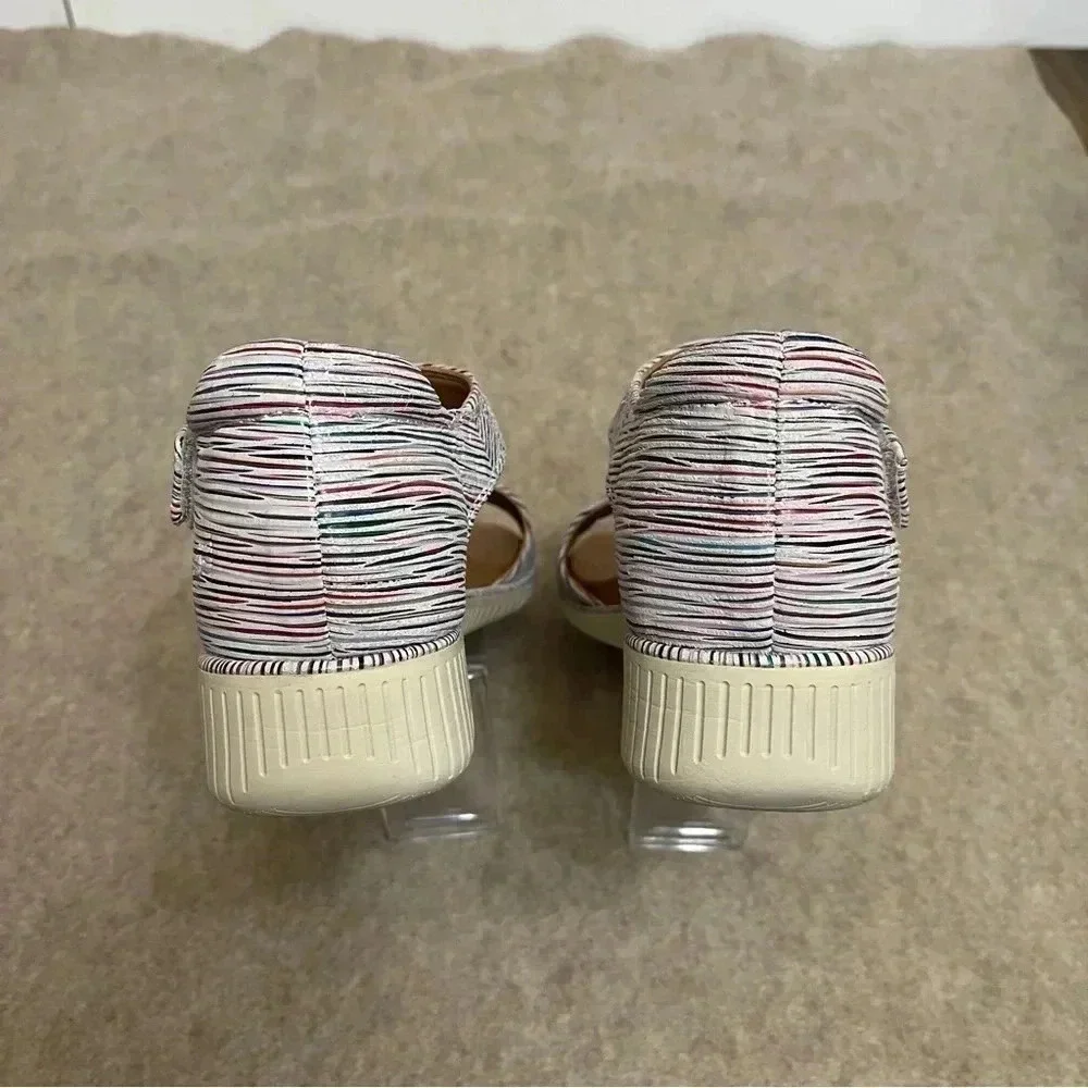 Nurture Multicolor Striped Leather Low Wedge Hook and Loop Sandals Womens size 8
